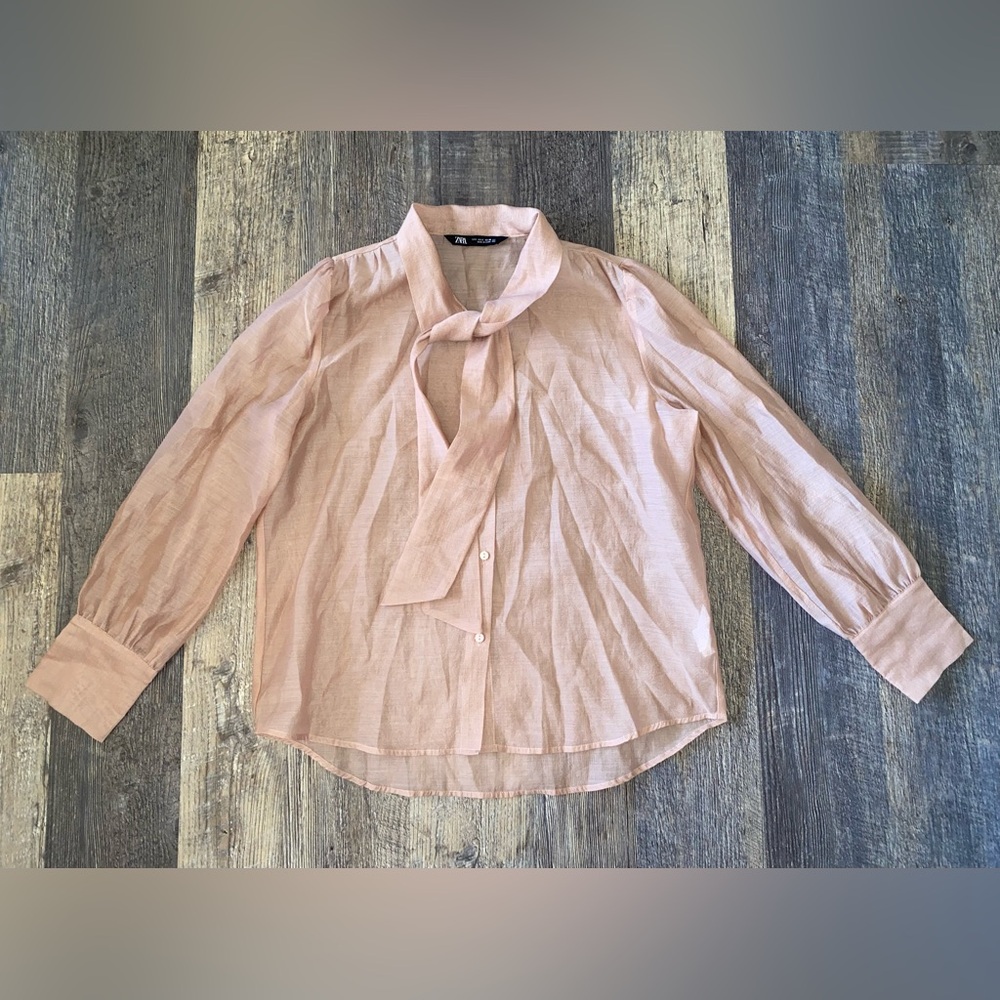 Zara Blush Pink Tie-Neck Blouse